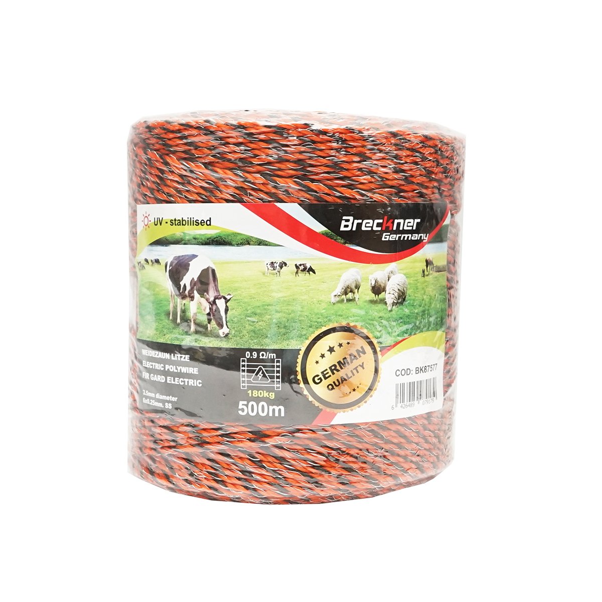 Rola fir portocaliu-negru fi 3.5mm 6x0.25mm SS, 0.9 Ohm/m, 500m gard electric Breckner Germany